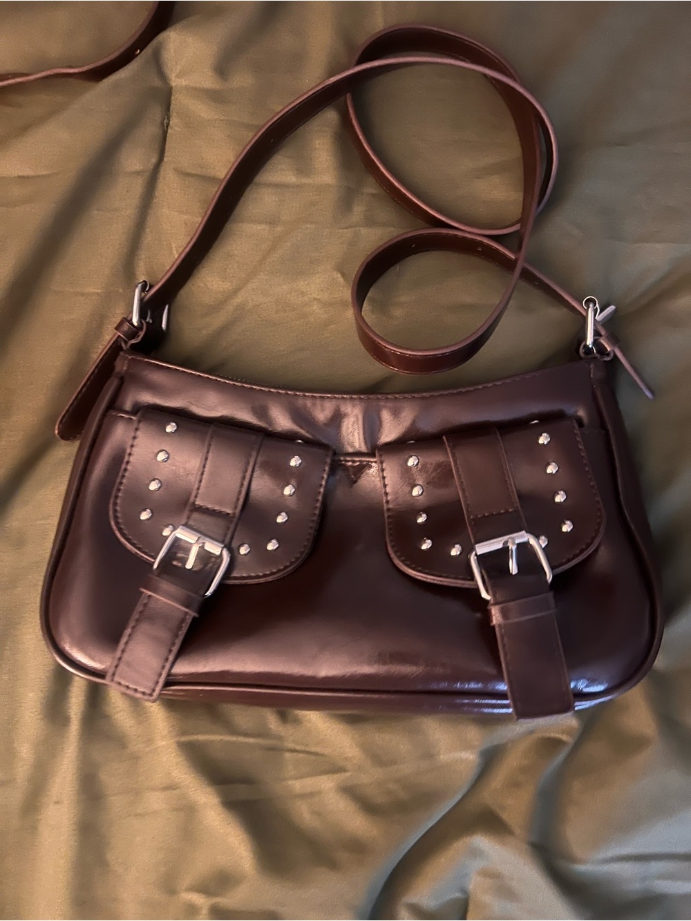 Women's BrownCrossbody Bag with Studded Pockets